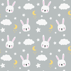 Seamless childish pattern with cute rabbits, clouds, moon, stars. Baby texture for fabric, wrapping, textile, wallpaper, clothing. Vector illustration