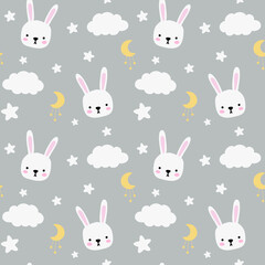 Seamless childish pattern with cute rabbits, clouds, moon, stars. Baby texture for fabric, wrapping, textile, wallpaper, clothing. Vector illustration