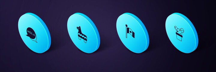 Set Isometric Cactus or succulent in pot, Mexico flag, Pinata and Hola icon. Vector © vector_v