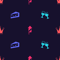 Set Glass of champagne, Piece cake, Firework rocket and Crown on seamless pattern. Vector