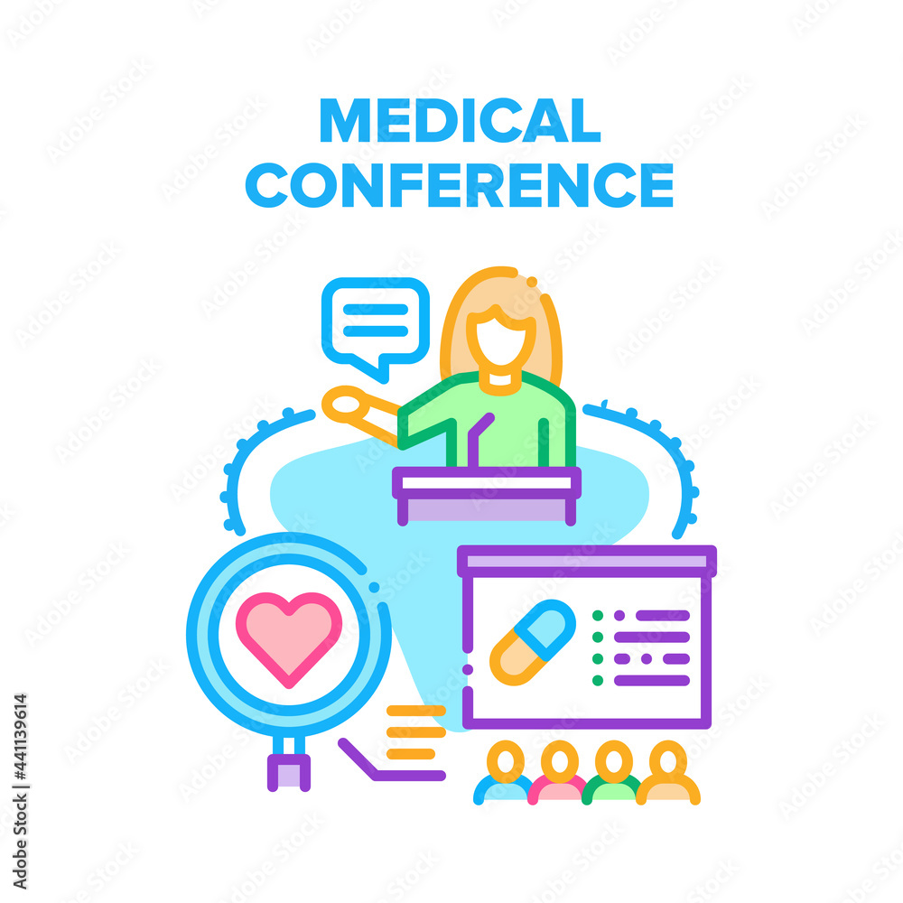 Sticker Medical Conference Meeting Vector Icon Concept. Medical Conference Meeting Presenting Medicine Research And Pharmaceutical Product Drug. Doctor Speech At Tribune Color Illustration