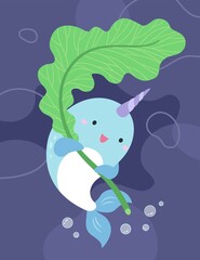 The narwhal's body is upright, its tail is swinging, and its hand is holding a large leaf.