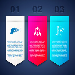 Set Ray gun, Rocket ship and Moon with flag. Business infographic template. Vector