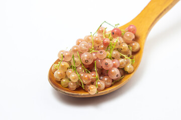 White currants in a wooden spoon on a white background. Lots of ripe white currants. Delicious berry.