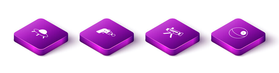 Set Isometric UFO flying spaceship, Ray gun, Telescope and Planet icon. Vector