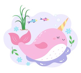 The side of a pink narwhal with many bubbles and grass, fish and flowers in the background © zhaowhat
