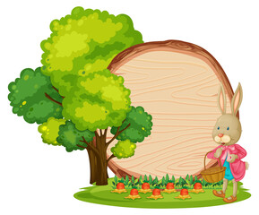Empty wooden banner in the garden with a rabbit isolated