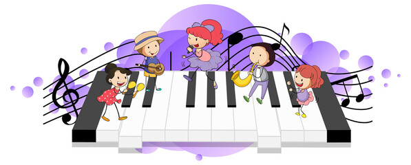 Electronic keyboard with many happy kids and melody symbols on purple splotch
