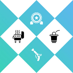 Set Barbecue grill, Vintage pistols, Medal with star and Beer pong game icon. Vector