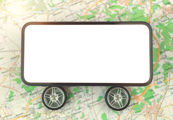 Car sharing and car rental mobile app concept, mobile phone with wheels mockup blank white screen on a city map, copy space photo