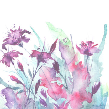 Watercolor bouquet of flowers, abstract splash of paint, fashion illustration. Orchid flowers, gladiolus, cornflower, iris, wildflowers, field or garden flowers. Watercolor flower tag, card, cover 