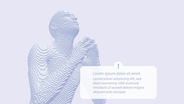 Man sitting and thinking of problems. Person leaving comment. Determination and perseverance. Reliable support. Confident pose. Waiting for help. Voxel art. 3D vector illustration for social media.