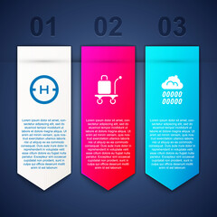 Set Helicopter landing pad, Trolley baggage and Cloud with rain. Business infographic template. Vector