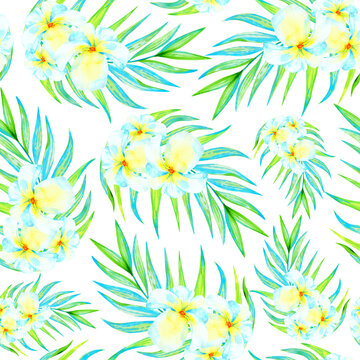 White plumeria flowers and palm branches seamless floral pattern. Exotic tropical print on a white background. Watercolor summer plants. 