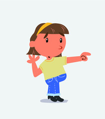 Surprised cartoon character of little girl on jeans points to something to his side