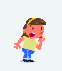 Unpleasantly surprised cartoon character of little girl on jeans looks to the side