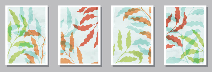 Fototapeta na wymiar Herbal interior prints set. Spring twigs with leaves. Willow tree