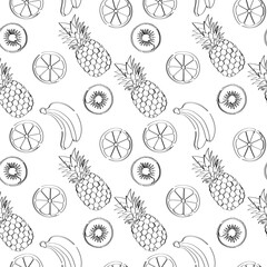 Fruits. Line art, seamless pattern.
