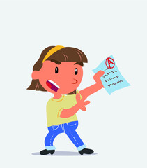  cartoon character of little girl on jeans arguing effusively with exam in hand.