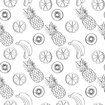 Fruits. Line art, seamless pattern.