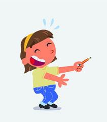 cartoon character of little girl on jeans laughs while pointing to the side with a pencil.