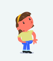 cartoon character of little girl on jeans looks with doubt and somewhat surprised