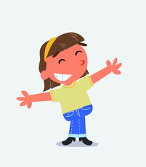 cartoon character of little girl on jeans opening arms very happy