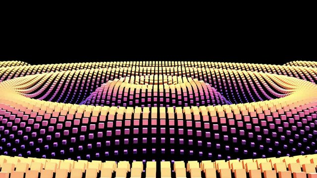 3D animation of small cube circular wave background on black background