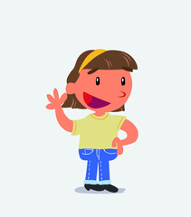  cartoon character of little girl on jeans waving happily.