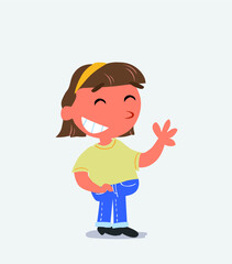: cartoon character of little girl on jeans waving informally while laughing