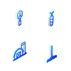 Set Isometric line Carrot, Shovel, Farm house and Garden rake icon. Vector