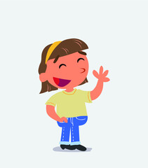 cartoon character of little girl on jeans waving informally while smiling