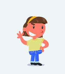 cartoon character of little girl on jeans waving while smiling