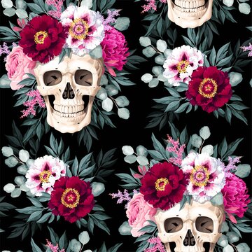 Seamless pattern with human skull and flowers