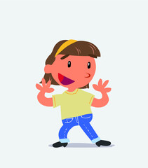 Pleasantly surprised cartoon character of little girl on jeans