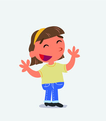 Pleased cartoon character of little girl on jeans explaining something