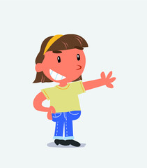 Pleased cartoon characte Pleased cartoon character of little girl on jeans points to somethingr of little girl on jeans points to something