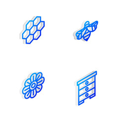 Set Isometric line Bee, Honeycomb, Flower and Hive for bees icon. Vector