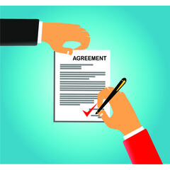 the hand vector image holds and signs the agreement paper