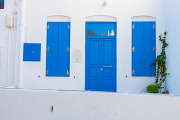 Beautiful blue window and door frames in Mykonos island cyclades Greece