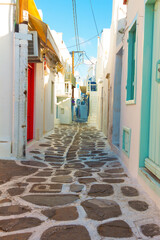Beautifull narow alley in Mykonos island cyclades Greece