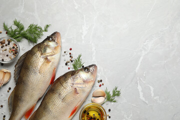Fresh raw perches and ingredients on light grey