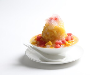 chilled mango and watermelon fruit snow ice kacang mountain in white bowl cafe sweet dessert menu