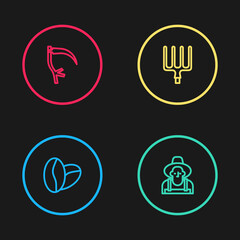 Fototapeta premium Set line Coffee beans, Farmer in the hat, Garden pitchfork and Scythe icon. Vector
