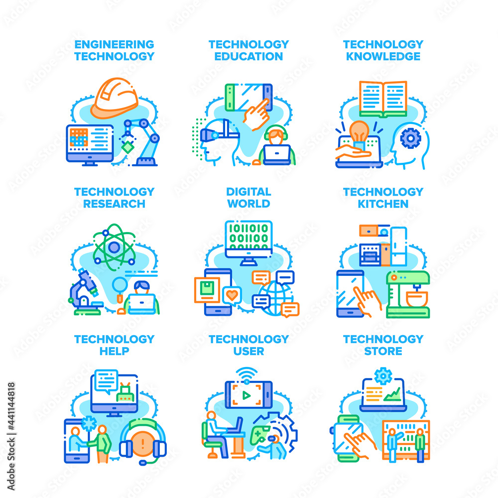 Poster technology research set icons vector illustrations. education and knowledge, researching and enginee