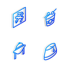 Set Isometric line Ramadan drum, Speaker mute, Table food and Turkish hat icon. Vector