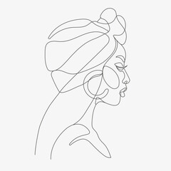 Woman head vector one-line art illustration. One Line style drawing. 