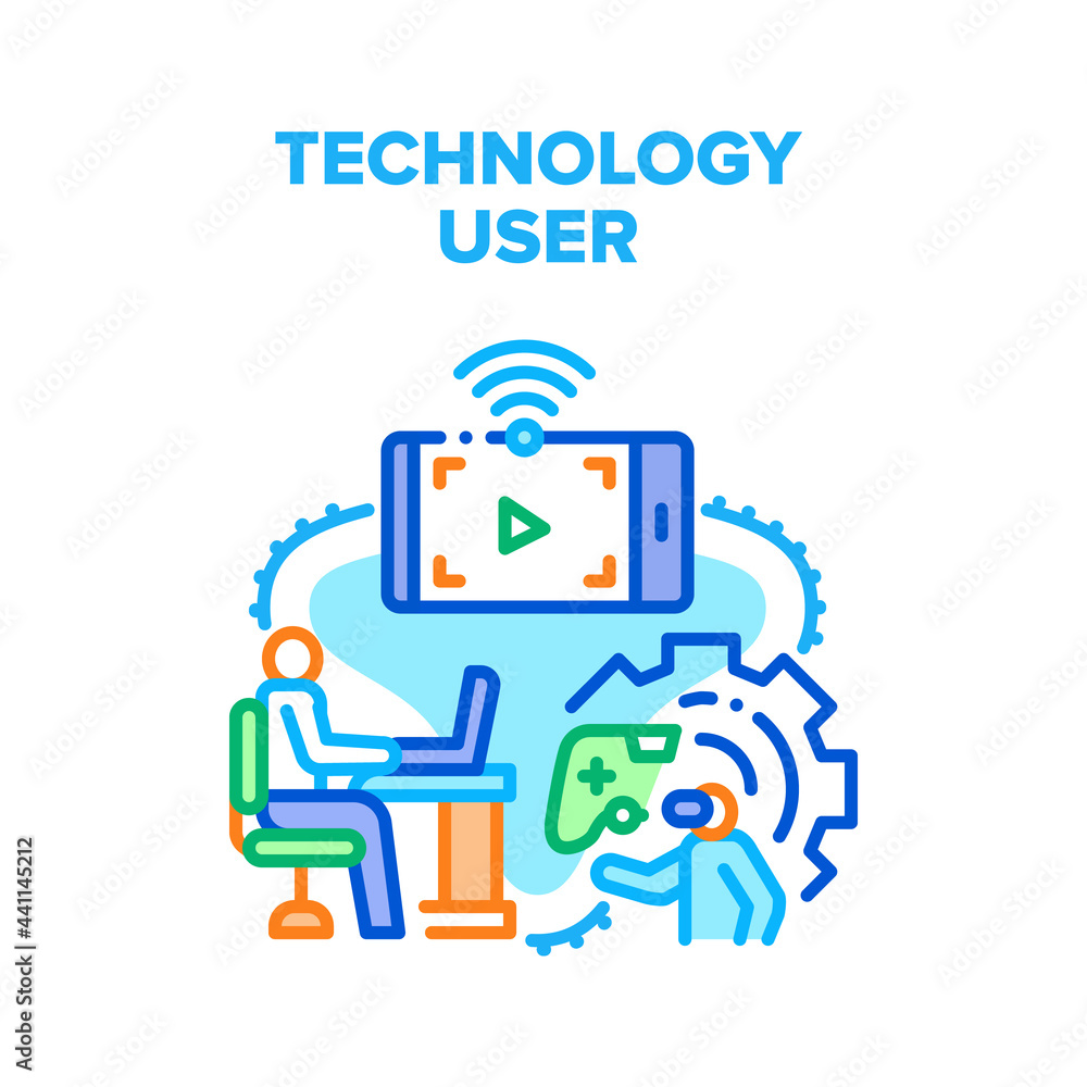 Poster technology user vector icon concept. technology user playing video games on console and virtual real
