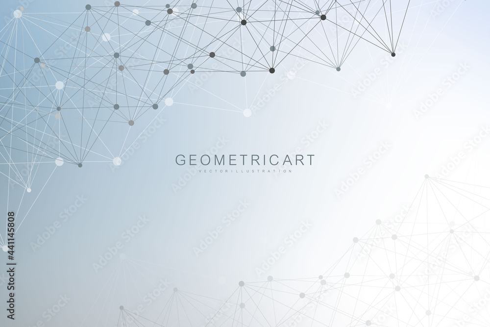 Poster geometric abstract background with connected line and dots. structure molecule and communication. bi