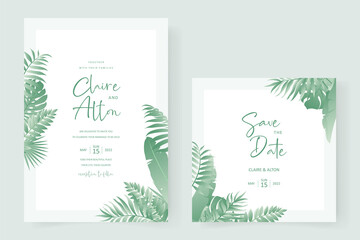 Wedding invitation design with tropical leaf theme